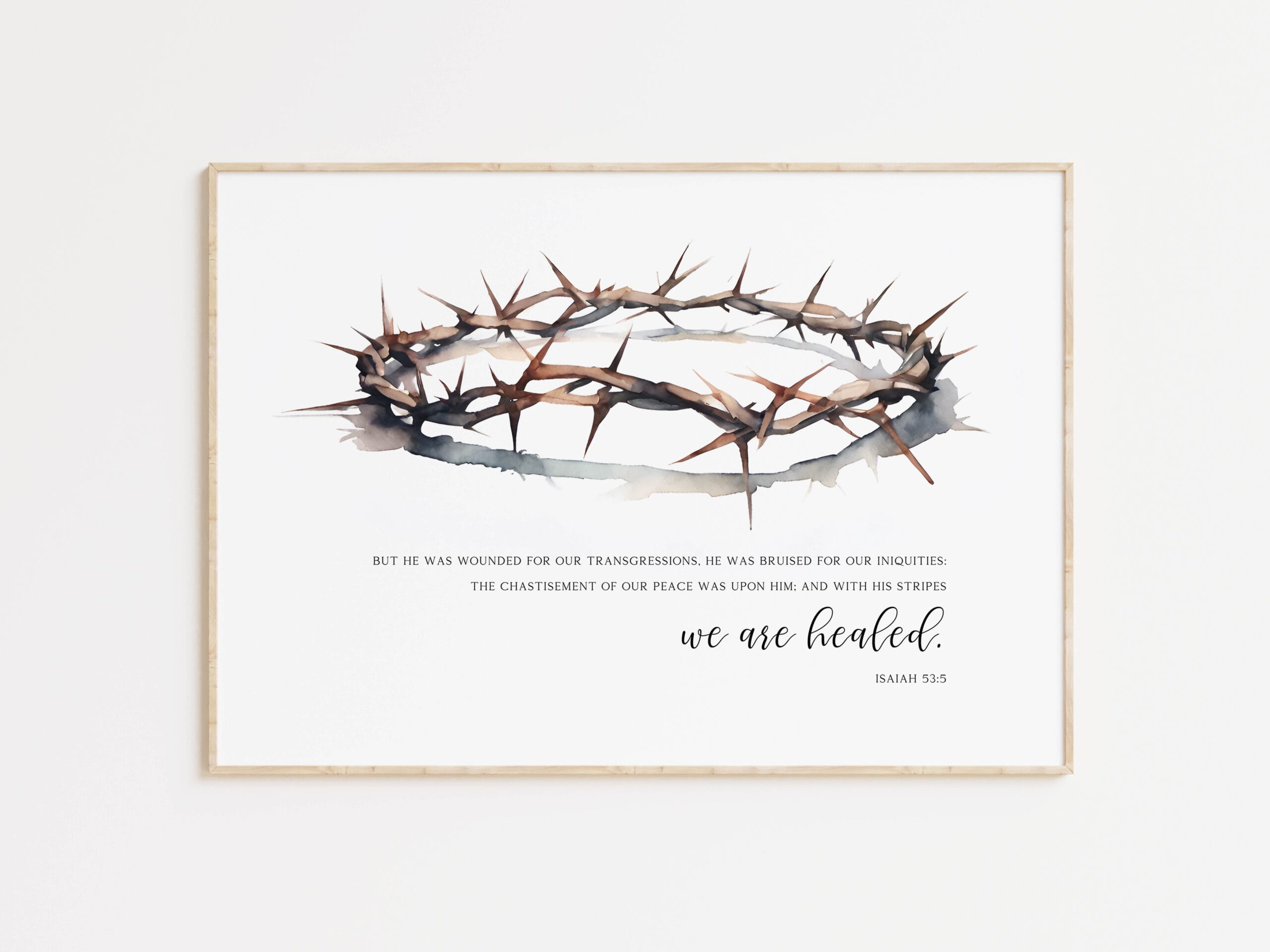 Horizontal crown of thorns Isaiah 53:5 wall art, Christian watercolor Good Friday scripture home decor for Easter