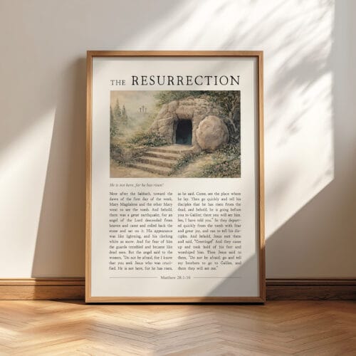 Resurrection wall art with Matthew 28:1–10 scripture and Christian empty tomb illustration